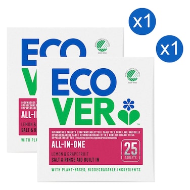 Ecover All-in One Dishwasher Tablets, Lemon and Grapefruit, 25 Tablets Pack of 2
