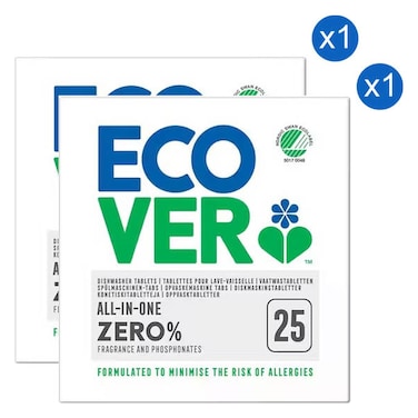 Ecover Zero Percentage All-in-One Dishwasher Tablets 25 Tablets, Pack of 2