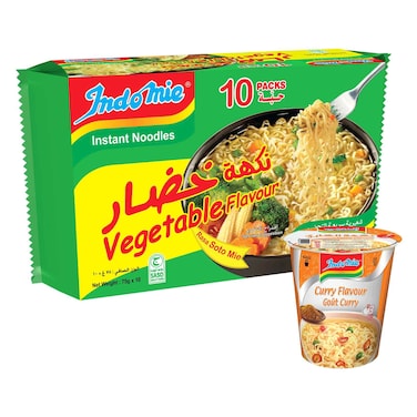 إندومي سوتو نودلز سريعة التحضير بنكهة الخضار مع مسحوق التوابل والصلصة 75 غرام، حزمة من 10 + نودلز بالكاري 60 غرام
