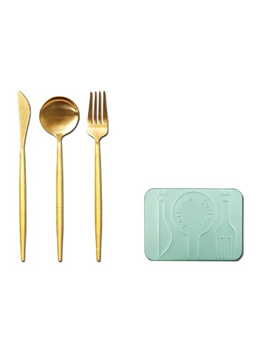 Portable Chopsticks Spoon Fork Knife Set With Pocket Cutlery Box Gold 19.7x4.8cm