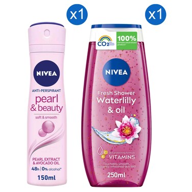 Nivea Pearl and Beauty Anti-Perspirant Deodorant Spray, 150ml + Nivea Fresh Shower Gel, Waterlilly and Oil, 250ml