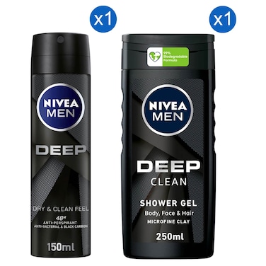 نيفيا ديب دراي آند كلين فيل مزيل عرق مضاد للتعرق للرجال، 150 ملل + نيفيا جل إستحمام للجسم والوجه والشعر للرجال برائحة الخشب والطين العميقة، 250 ملل