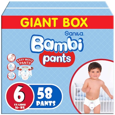 Bambi Extra Comfort Pant Diapers, Disposal Tape, Size 6 (16 kg +), 58 Count