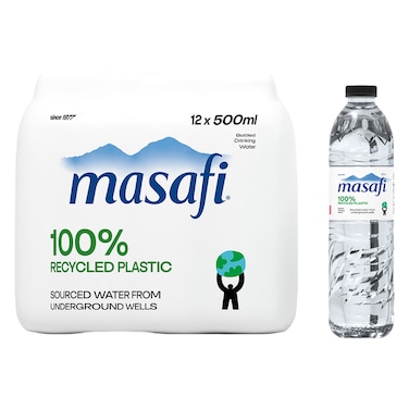 Masafi Recycled Plastic Bottled Drinking Water, 500ml Pack of 12