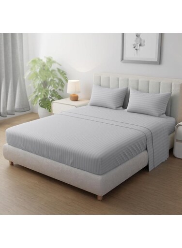 Linen Klub Striped Microfiber Fitted Sheet Set - Double (120 x 200 cm) + 2 Pillowcases (50 x 75 cm), Premium, Durable Quality, and Deep Pocket for a Perfect Fit, Light Grey
