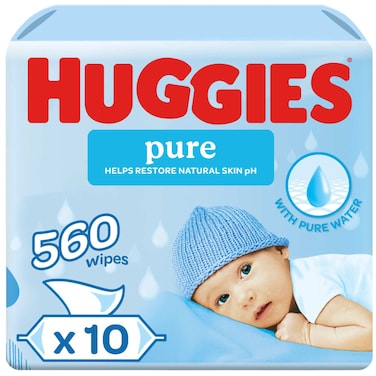 Huggies Pure Baby Wipes, 99% Pure Water Wipes, 10 Pack x 56 Wipes (560 Wipes)