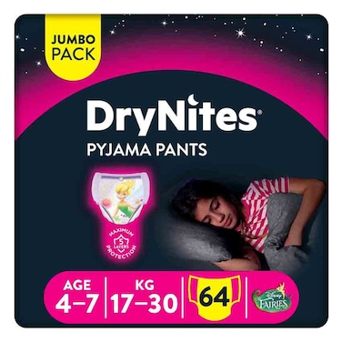 Huggies DryNites Pyjama Pants for Girls, 4-7 Years (17-30 kg), 64 Diapers