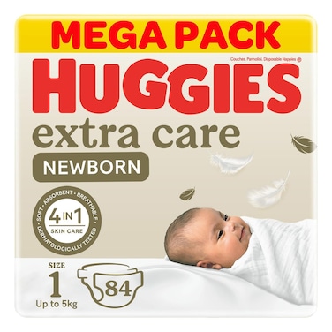 Huggies Extra Care Diapers Mega Pack, Size 1 (Upto 5 kg), 84 Diapers