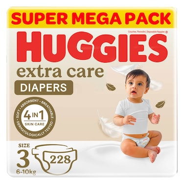 Huggies Extra Care Diapers Super Mega Pack, Size 3 (6-10 kg), 228 Diapers