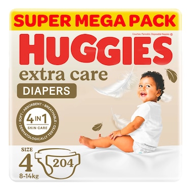Huggies Extra Care Diapers Super Mega Pack, Size 4 (8-14 kg), 204 Diapers