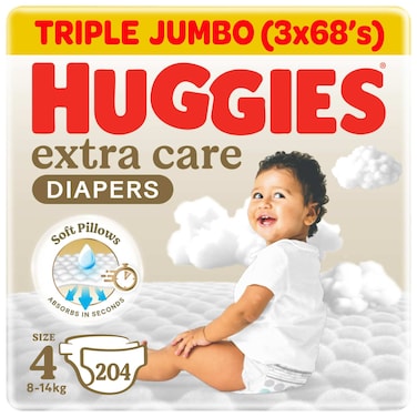 Huggies Extra Care Baby Diapers, Size 4 (8-14 kg), Super Mega Pack, 204 Diapers
