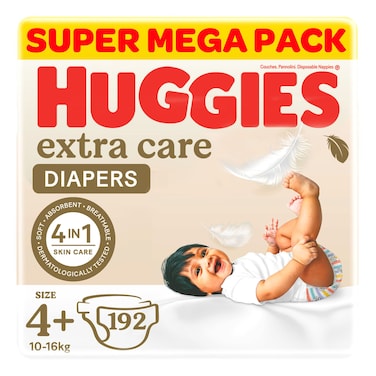 Huggies Extra Care Diapers Super Mega Pack, Size 4+ (10-16 kg), 192 Diapers