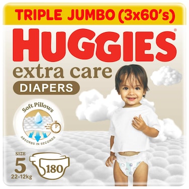 Huggies Extra Care Baby Diapers, Size 5 (12-22 kg), Super Mega Pack, 180 Diapers