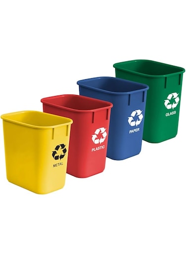 Acrimet Wastebasket Bin for Recycling, 3.25 Gallon/13 Quart/12 Liter (Made of Plastic) (Metal/Yellow, Paper/Blue, Glass/Green, Plastic/Red) (Set of 4)
