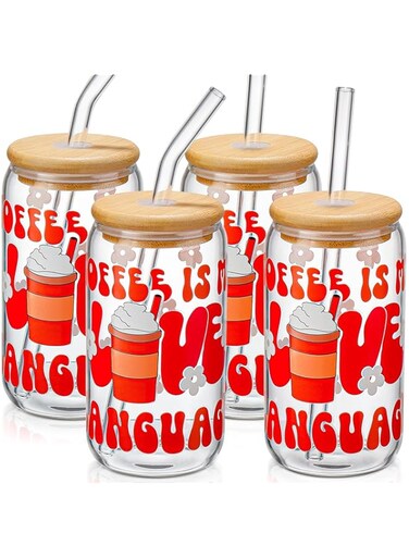 DWTS DANWEITESI Glass Cups with Lids and Straws with Design 4pcs,COFFEE IS MY LOVE LANGUAGE-DWTS Drinking Glasses Set,16oz Glass Tumbler,Cute Design Glass Iced Coffee Cups with Lids and Straws
