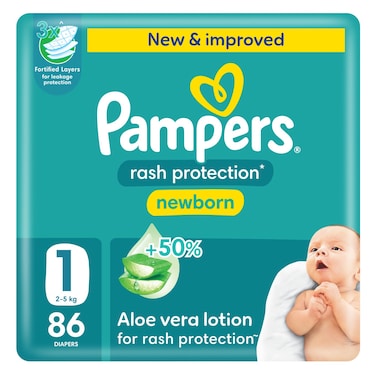Pampers Rash Protection Taped Diapers, Newborn, Size 1 (2-5 kg), 86 Count, Aloe Vera Lotion