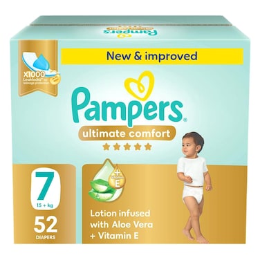Pampers Ultimate Comfort Taped Diapers, Lotion Infused with Aloe Vera Plus Vitamin E, Size 7 (15+ kg), 52 Diapers