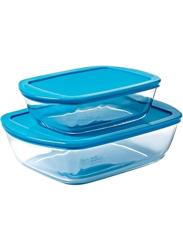 Pyrex Cook &amp; Store Rectangular Glass Roaster with Lid Set Of 2 (2.5+1.1) Liter Clear glass (9137145) Food Storage Container set,glass baking dish with lid set