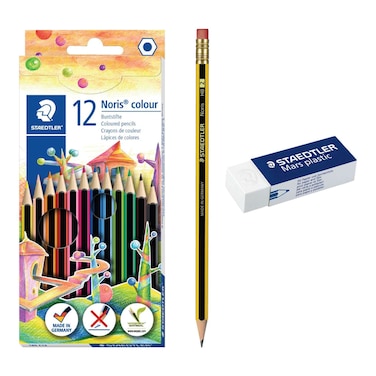 Staedtler Noris Colour Pencils 185 12 PCS and Noris HB Pencil with Mars Plastic Mini Eraser