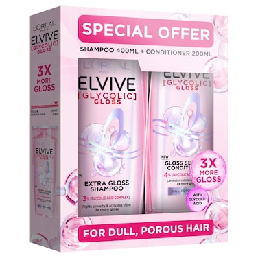 L'Oreal Paris Elvive Glycolic Gloss Extra Gloss for Dull, Porous Hair Shampoo, 400ml + L'Oreal Paris Elvive Glycolic Gloss Sealing Conditioner, 200ml