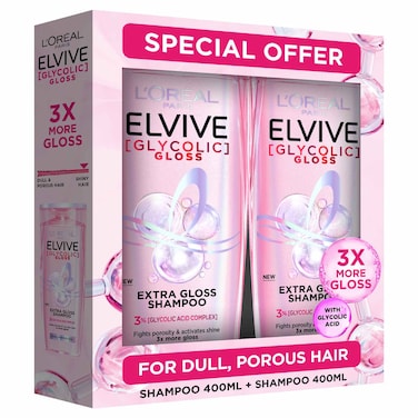 L'Oreal Paris Elvive Glycolic Gloss Extra Gloss for Dull, Porous Hair Shampoo, 400ml Pack of 2