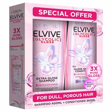 L'Oreal Paris Elvive Glycolic Gloss Extra Gloss for Dull, Porous Hair Shampoo, 400ml + L'Oreal Paris Elvive Glycolic Gloss Sealing Conditioner, 360ml