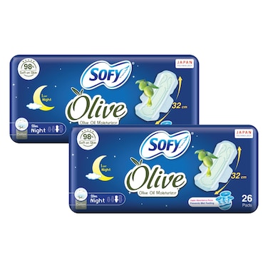 Sofy Olive Oil Moisturizer Slim Night Cotton Touch Pads, 32cm, 26 Pads Pack of 2
