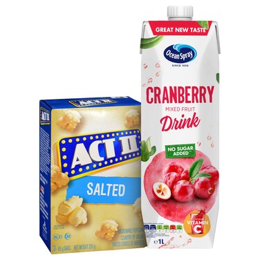 Ocean Spray Cranberry Mixed Fruit Drinks with Act II Popcorn, 1L+255g