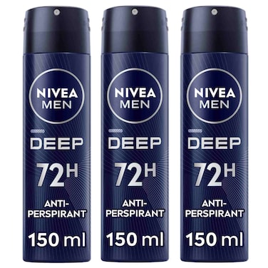 NIVEA MEN DEEP  72h Black Carbon Antiperspirant Spray for Men,150ml Pack of 3