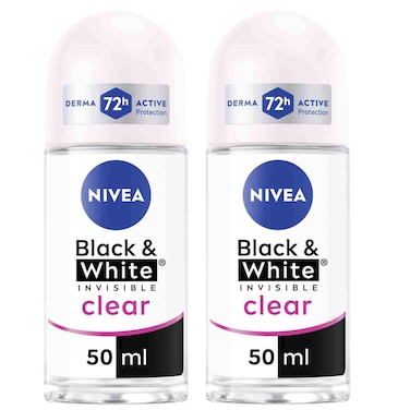 NIVEA Black &amp; White Invisible Antiperspirant Roll-On for Women 72H Active, 50ml Pack of 2