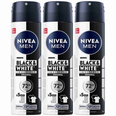 NIVEA MEN Black &amp; White Invisible Antiperspirant Deodorant Spray, 150ml Pack of 3