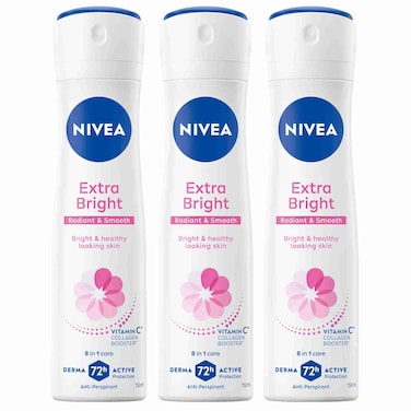 NIVEA Natural Radiance &amp; Smooth 72h Antiperspirant for Women, Spray 150ml Pack of 3