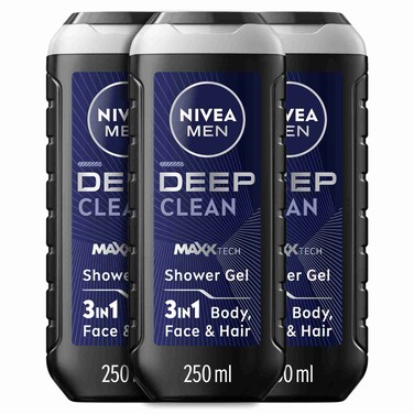NIVEA MEN DEEP Shower Gel 3in1, Body Wash Micro-Fine Clay &amp; Woody Scent, 250ml Pack of 3