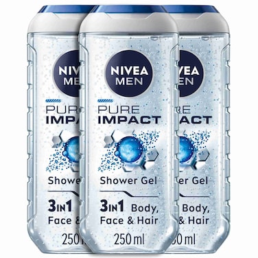 NIVEA MEN Pure Impact 3in1 Shower Gel Body Wash, Deep Cleansing, 250ml Pack of 3