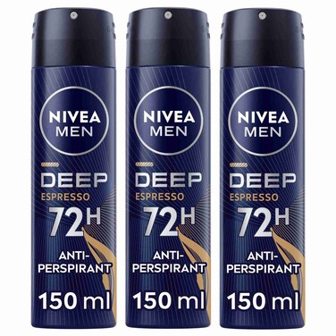 NIVEA MEN DEEP Black Carbon Espresso, Antiperspirant for Men, Spray, 150ml Pack of 3
