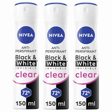 NIVEA Black &amp; White Invisible Antiperspirant Spray for Women, 72H Protect, 150ml Pack of 3