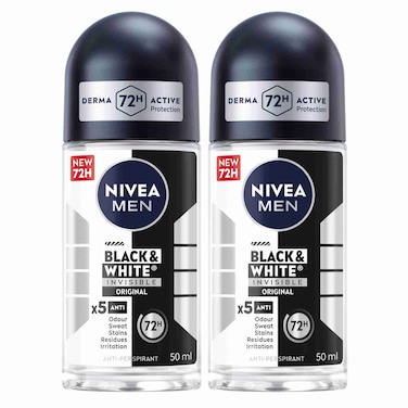 NIVEA MEN Black &amp; White Invisible Antiperspirant Roll-On Deodorant, 72H, 50ml Pack of 2