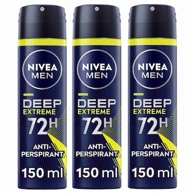 NIVEA MEN DEEP Extreme Maxx Tech Anti-Perspirant Spray 72h Black Carbon, 150ml Pack of 3