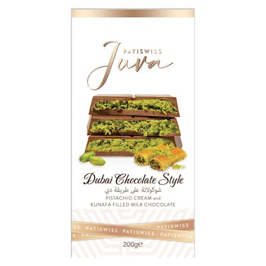 Patiswiss Juva Dubai Chocolate Style Pistachio Cream and Kunafa Filled Milk Chocolate, 200g