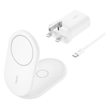 Belkin BoostCharge 2-in-1 Magnetic Foldable Wireless Charger with Qi2, White, 15 W