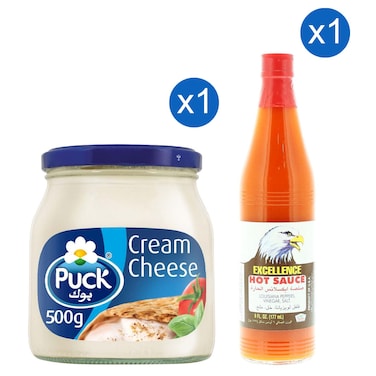 Puck Cream Cheese Spread, 500g and Excellence Louisiana Peppers, Salt and Vinegar Hot Sauce, 177ml