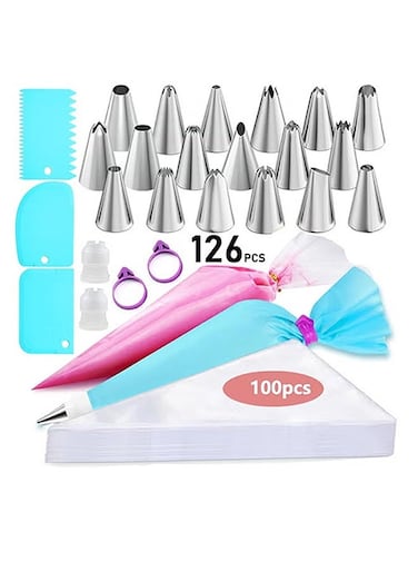 126 Pcs Piping Bags and Tips Set with 11.8 Inch 100 Anti Burst Piping Bags, 18 Piping Tips, 1 Reusable Pastry Bags, 3 Cake Scrapers, 2 Couplers, and 2 Icing Bags Ties - 126 Pcs Cake Decorating Kit