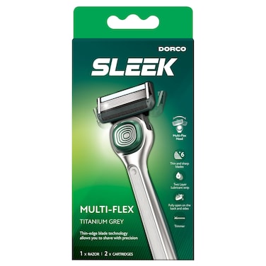 Dorco Sleek Multiflex Razor Handle with 2 Cartridges, Titanium Grey