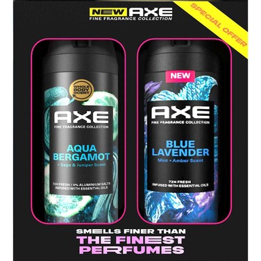 Axe Fine Fragrance Premium Deodorant Body Spray, Aqua Bergamot, 150ml + Blue Lavender, 150ml