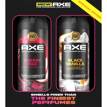 Axe Fine Fragrance Premium Deodorant Body Spray, Black Vanilla, 150ml + Cherry Spritz, 150ml