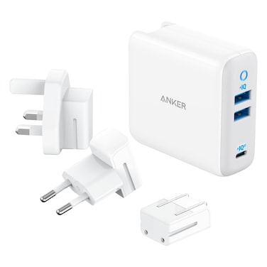 أنكر شاحن منزلي مع 3 منافذ وشاحن ثلاثي 65 واط - أبيض-