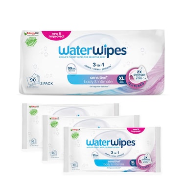 WaterWipes Sensitive+ Body &amp; Intimate Wipes, 3-In-1 Cleans, Cares, Protects, 99.9% Water, Unscented &amp; Hygiene Wet Wipes, Adult Care, 90 Count