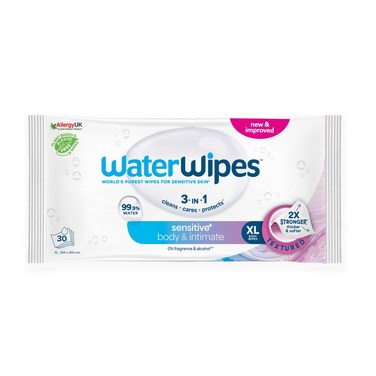 WaterWipes Sensitive+ Body &amp; Intimate Wipes, 3-In-1 Cleans, Cares, Protects, 99.9% Water, Unscented &amp; Hygiene Wet Wipes, 30 Count