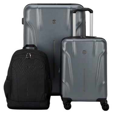 وينغر رايون طقم سفر مكون من حقيبة صلبة بعجلات مع حقيبة ظهر وحقيبة مدمجة، لون رمادي، 3 قطع