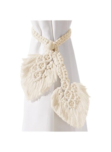 2 Pack Curtain Tiebacks,Hand Knitting Cotton Curtain Holdbacks with Adjustable Natural Wooden Bead,Double Leaves Farmhouse Theme Curtain Tie Backs, for Indoor Outdoor Drapes Decorative,(Beige)